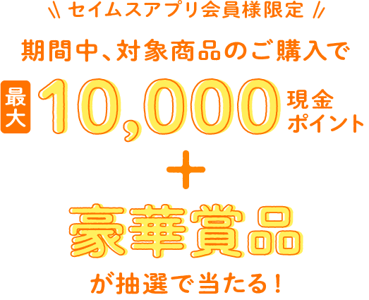期間中、対象商品のご購入で最大10000現金ポイント＋豪華商品が抽選で当たる！