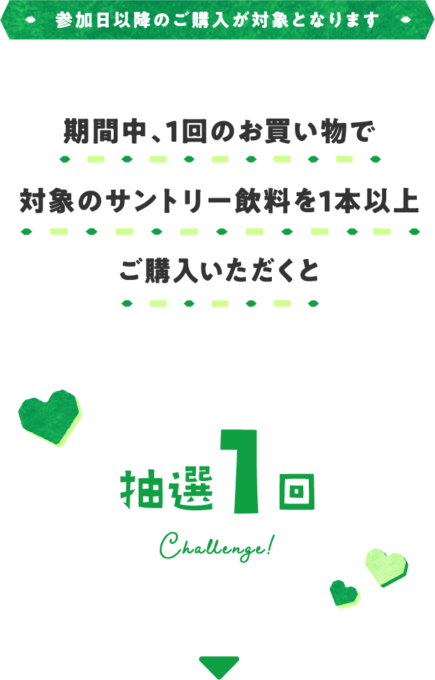 期間中、1回のお買い物でサントリー飲料を1本以上ご購入いただくと抽選1回チャレンジ！